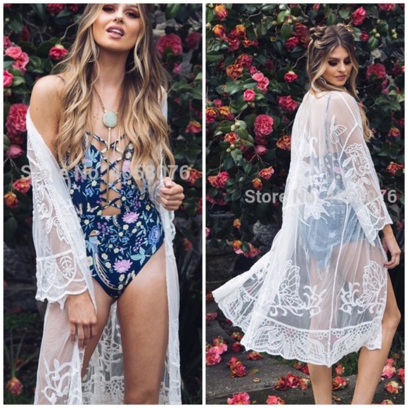 CLEARANCE White Embroidered Lace Kimono Boho Coverup - Picture 3 of 4